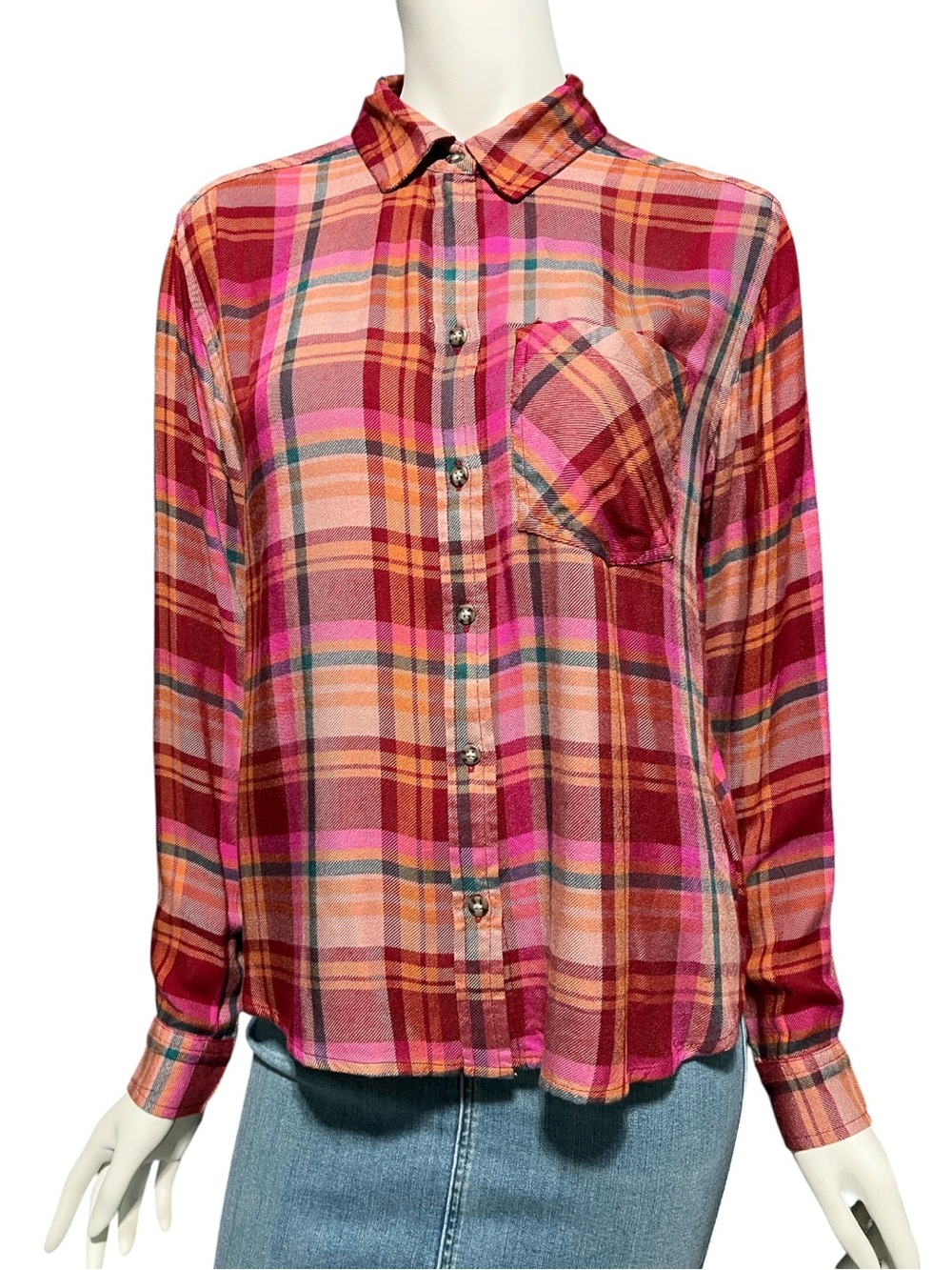 NWOT Beachlunchlounge Plaid Rayon Button Down Long Sleeve Shirt Small